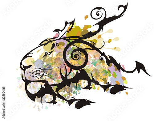 Fototapeta Naklejka Na Ścianę i Meble -  Grunge colorful lion head splashes. Splattered old lion head with the decorative twirled elements on a white background