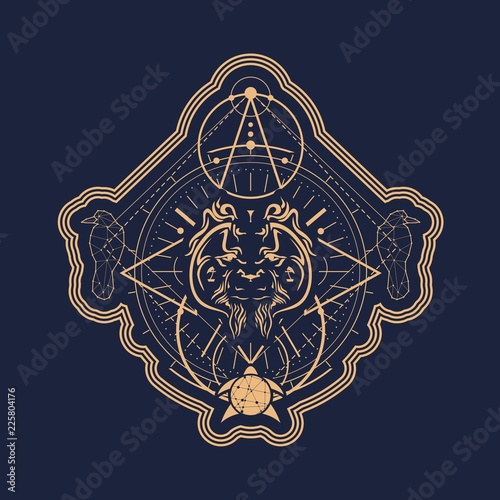 Mystical geometry symbol. Linear alchemy, occult, philosophical sign. Low poly raven, turtle and orangutan head. For music album cover, poster, sacramental design. Astrology and religion concept.