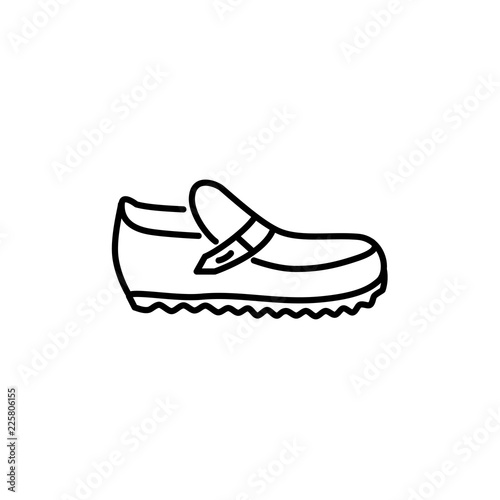 Black & white vector illustration of leather moccasins or mocs. Loafers. Men’s everyday shoes. Line icon of male footwear. Isolated on white background.