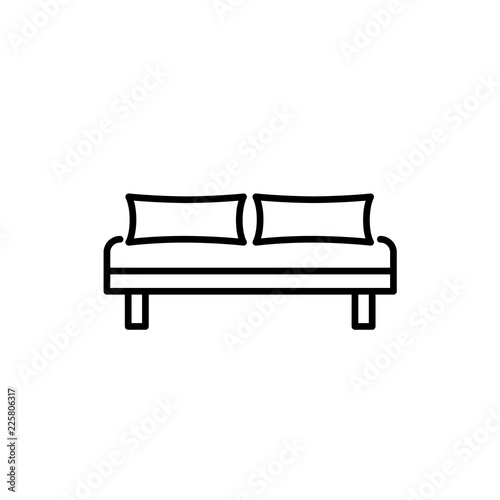Black & white vector illustration of daybed with 2 pillows. Comfortable sofa. Line icon of settee. Modern home & office furniture. Isolated on white background