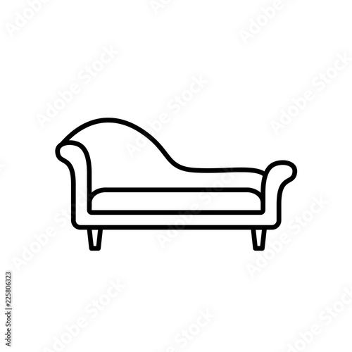 Black & white vector illustration of chaise lounge sofa. Line icon of settee. Modern home & office furniture. Isolated on white background