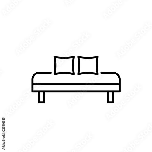 Black & white vector illustration of daybed with 2 pillows. Comfortable sofa. Line icon of settee. Modern home & office furniture. Isolated on white background