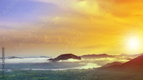 The skyline view and sunrise at mountain with lot of fog at Phu Thok ChiangKhan Loei , Thailand. photo