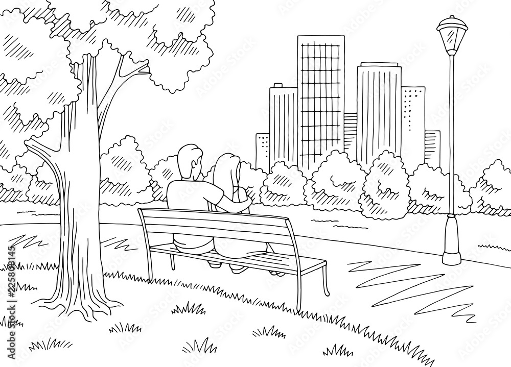 Man hugging a woman sitting on a bench. Park graphic black white landscape sketch illustration vector