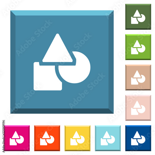 Basic geometric shapes white icons on edged square buttons