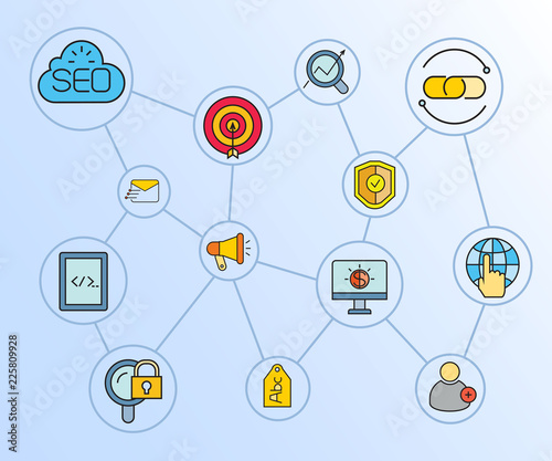 search engine and network diagram in blue diagram