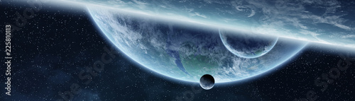 Fototapeta Naklejka Na Ścianę i Meble -  Panoramic view of planets in distant solar system 3D rendering elements of this image furnished by NASA