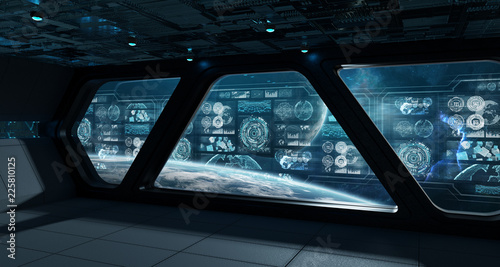 Dark spaceship interior with control panel digital screens 3D rendering