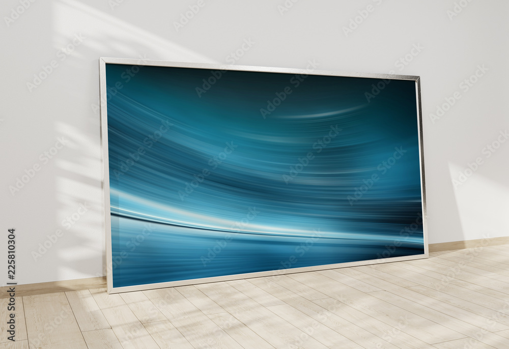 Large horizontal frame leaning on a white wall 3D rendering Large horizontal frame leaning on a white wall 3D rendering