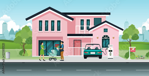 Husbands and wives with electric cars charging at home