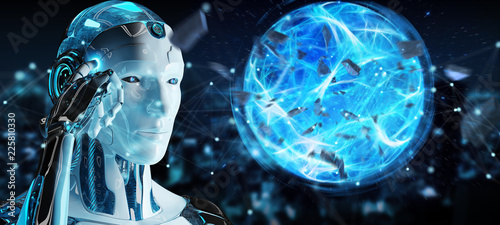 White man robot creating energy ball 3D rendering © sdecoret