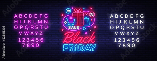Black Friday Sale Neon Banner Vector. Black Friday neon sign, design template, modern trend design, night neon signboard, night bright advertising, light banner. Vector. Editing text neon sign