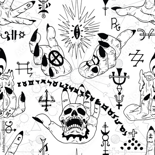 Seamless pattern with magician hands and fingers and mystic magic symbols. Esoteric, occult and wicca concept, Halloween illustration with mystic symbols and sacred geometry 