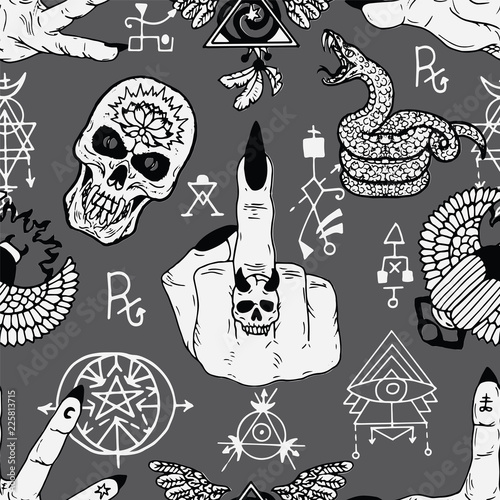 Magician fingers, fuck you symbol, skull and mysterious objects. Seamless pattern. Esoteric, occult and wicca concept, Halloween illustration with mystic symbols and sacred geometry 