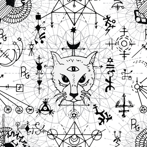 Seamless pattern with mystic cat, scarab beetle and geometric signs on white. Esoteric, occult and wicca concept, Halloween illustration with mystic symbols and sacred geometry 