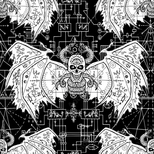 Seamless pattern with demon and mystic symbols on black background with geometric lines. Esoteric, occult and wicca concept, Halloween illustration with mystic symbols and sacred geometry 