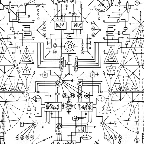 Seamless pattern with black mystic geometric lines and symbols on white. Esoteric, occult and wicca concept, Halloween illustration with mystic symbols and sacred geometry 