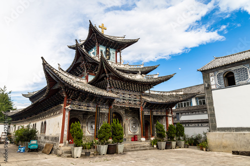 The catholic Church in Dali Old Town, Yunnan Province, China, is a unique construction which features bai traditional architectural style