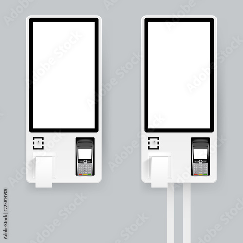 Self-ordering and self payment kiosk for fast food chains, restaurants and retailers. Floor standing and wall interactive kiosks. Vector illustration