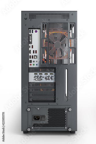Open computer with red lighting effects and water cooled cooling system back vew on white background 3d render