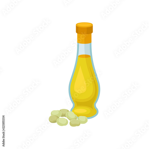 Glass bottle of soya oil, healthy vegetarian food vector Illustration on a white background