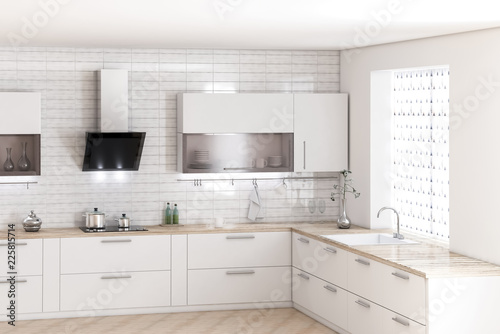 White kitchen furniture, modern food room? stulish kithen interior 3d rendering photo