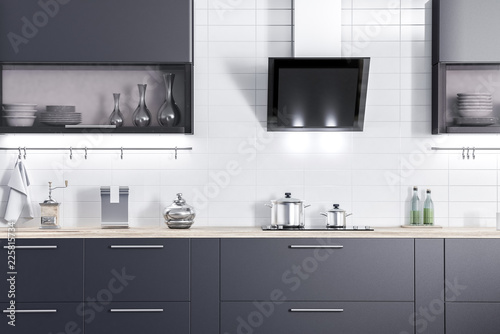 Dark kitchen furniture, kithen, modern food room, beatyful design 3d rendering  photo