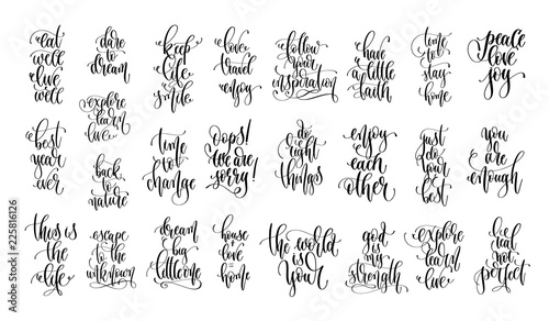 set of 25 hand lettering positive quotes isolated on white, moti
