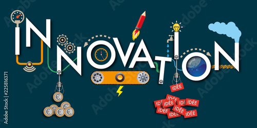 Concept de l'innovation avec une machine qui exprime le processus de création de l'idée à la réalisation en passant par le financement.