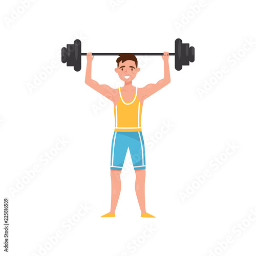 Male exercising with a barbell, professional bodybuilder character, active sport lifestyle concept vector Illustration on a white background