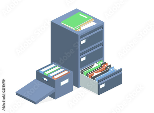 Documents cabinet and file archive storage box vector illustration. Isolated isometric business folders storage carton container and metal safe cabinet drawer