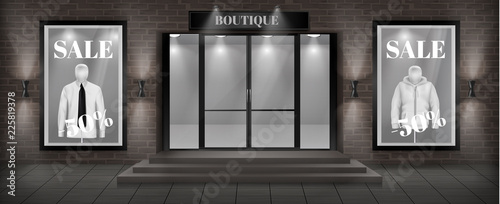 Vector concept background, boutique shop facade with signboard. Storefront with brick wall, entrance with steps, large glass door and empty illuminated showcases with discount clothing collection