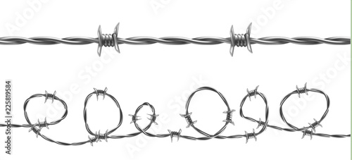 Barbed wire vector illustration, horizontal seamless pattern with twisted barbwire isolated on background. Metal protective barrier with sharp barbs for industrial and agricultural fencings