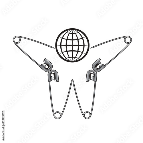 isolated globe and safty pins vector illustration