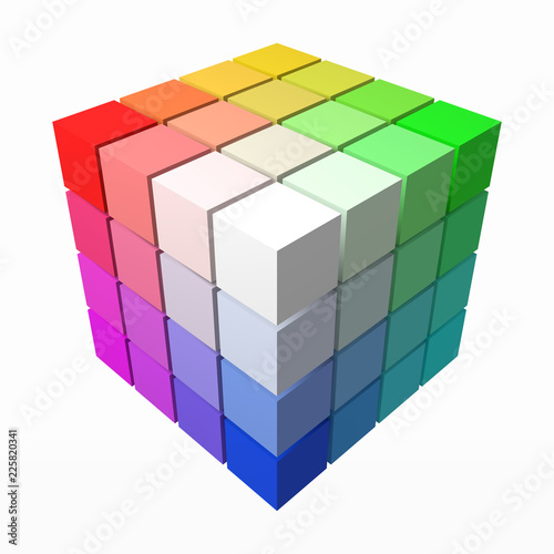 4x4 cubes makes color gradient in shape of big cube. 3d style vector illustration.
