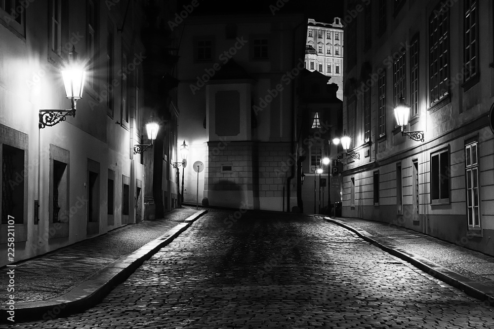 Empty street at night in Prague