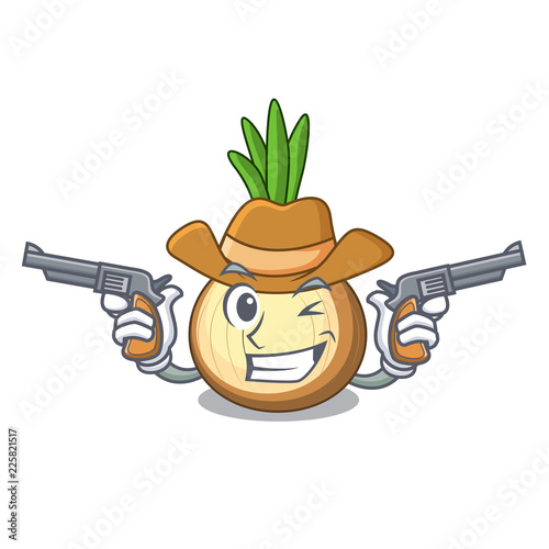 Cowboy character fresh yellow onion on table