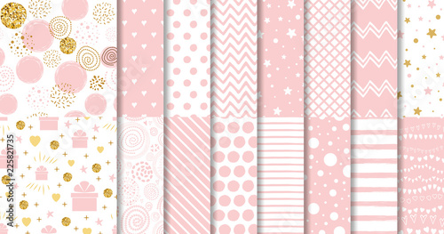 Set of sweet pink seamless pattern Pink dotted background collection Baby girl geometric ornamental template vector