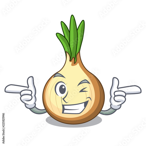Wink yellow onions in the cartoon basket