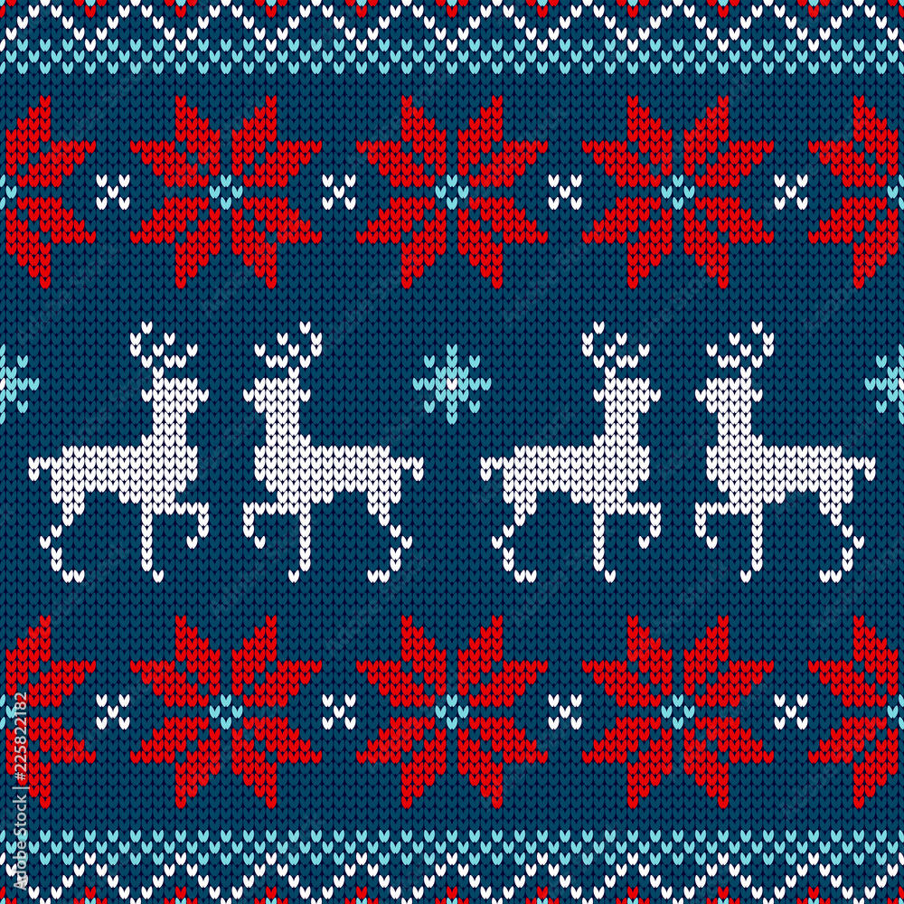 Seamless Pattern Knitted Reindeer Poinsettia Blue