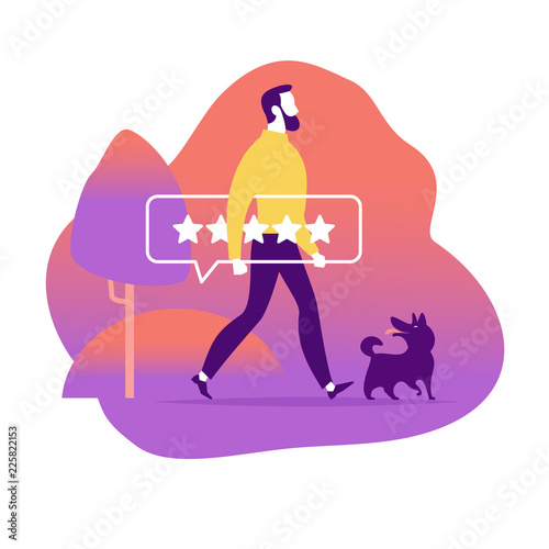 Vector flat illustration concept design with online review theme. Man giving a five star rating, positive feedback. Landscape, dog in modern style. Landing page, mobile app, UI, UX, site.