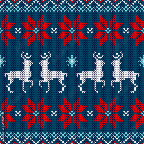 Seamless Pattern Knitted Reindeer Poinsettia Blue