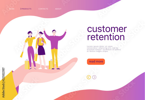 Vector web page concept design - customer retention theme. Buying happy people with sale bag stand on big human hand. Landing page, mobile app, site template. Business illustration. Inbound marketing.