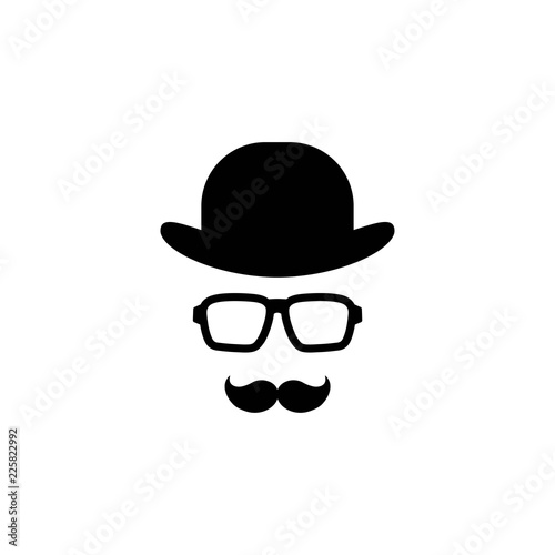 Gentleman icon isolated on white background. Silhouette of man's head with moustache, hipster glasses and bowler hat.