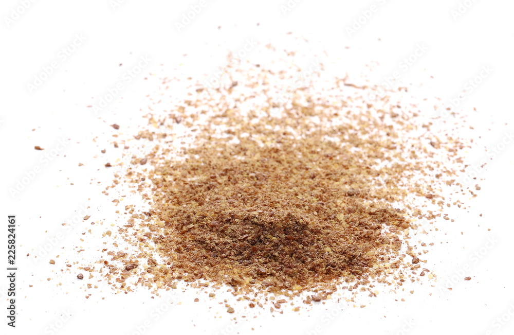 Ground, crushed, milled flaxseed, linseed isolated on white background Ground, crushed, milled flaxseed, linseed isolated on white background