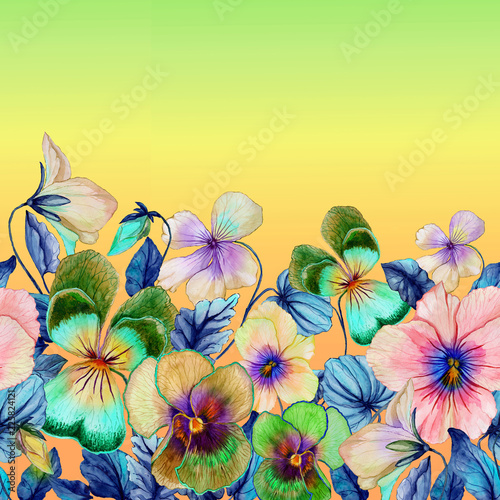Beautiful vibrant violet flowers with leaves on green and yellow background. ...