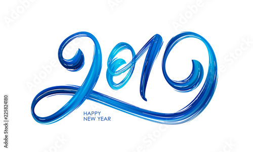 Vector illustration: Handwritten textured brush stroke blue acrylic paint lettering of 2019. Happy New Year.