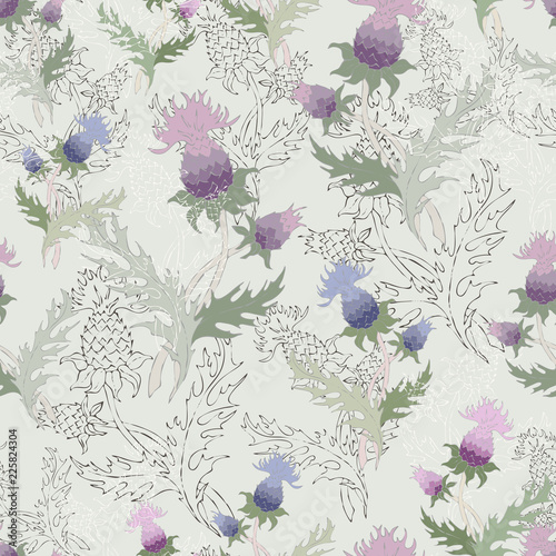 Thistle spike flower hand drawn seamless pattern