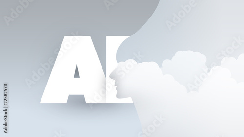 Modern Style Cloud Computing, Global AI Assistance, Automated Support, Digital Aid, Deep Learning and Future Technology Concept Design with Clouds and Human Head - Vector Illustration