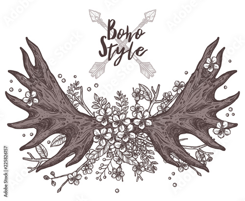 Hand Drawn vintage Floral Antler. Beautiful Sketch Illustration With Elk Horns And Flowers In Boho, Hipster And Rustic Style